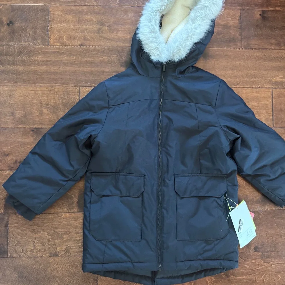 All in Motion Boys Black Winter Parka Faux Fur Hood Water Resistant Jacket S 6/7
